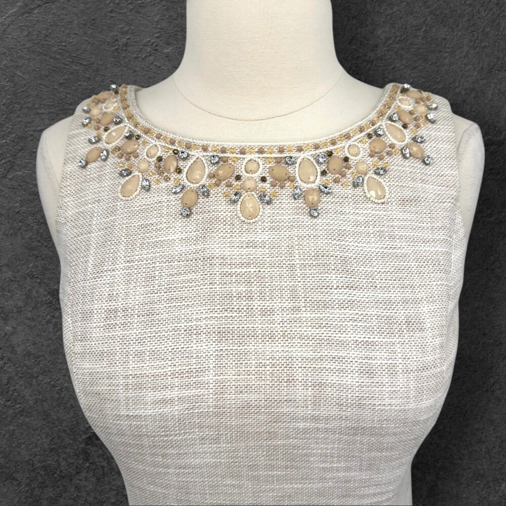 Talbots Beige Tweed Linen Blend Sheath Dress 8 Beaded Embellished Sleeveless - Picture 3 of 16